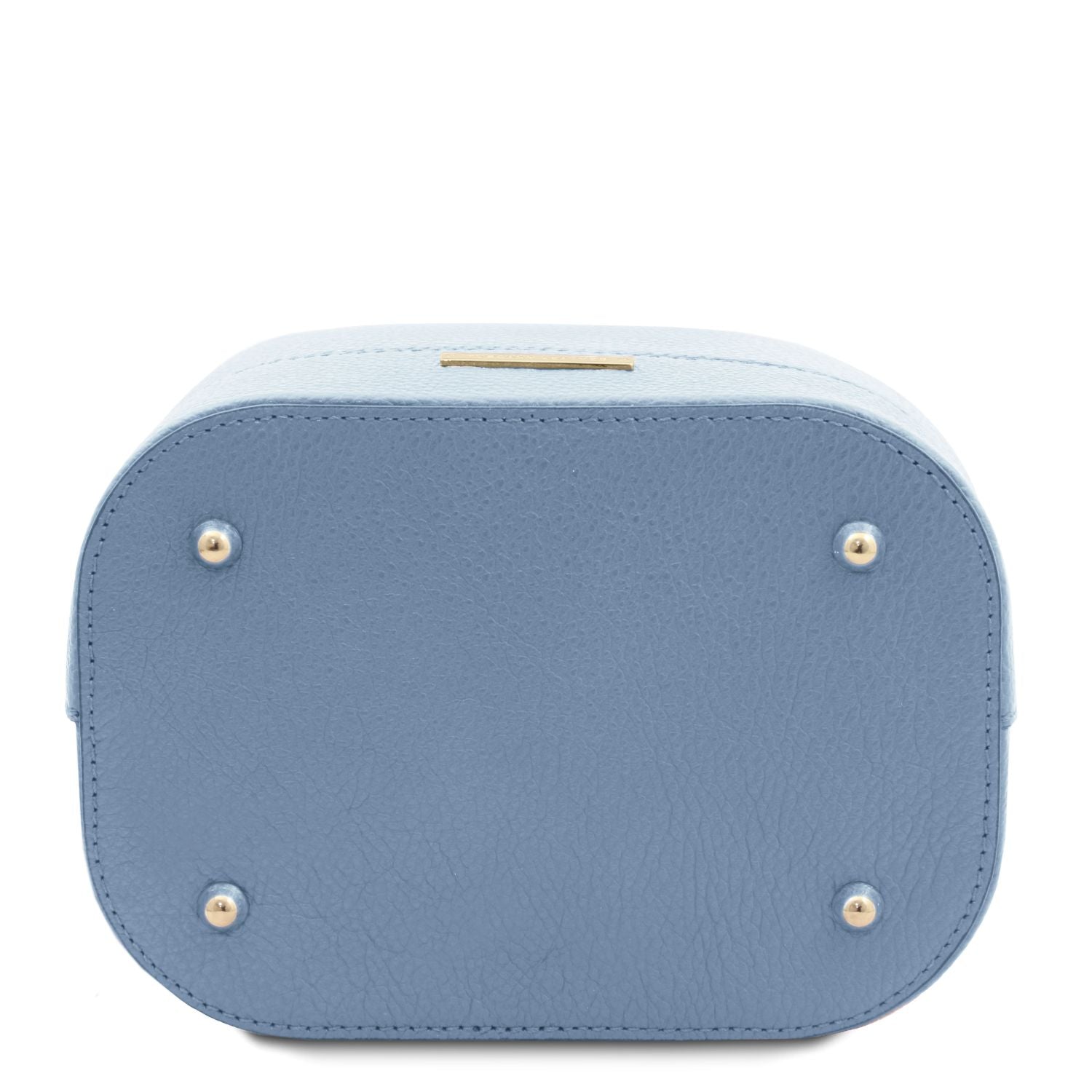 Bottom view of the TL Leather Bucket Bag in light blue by Montipi Australia, highlighting the premium Italian pebbled leather, protective metal feet, and structured silhouette. Designed for durability and elegance, this chic bucket bag offers both style and functionality for everyday sophistication
