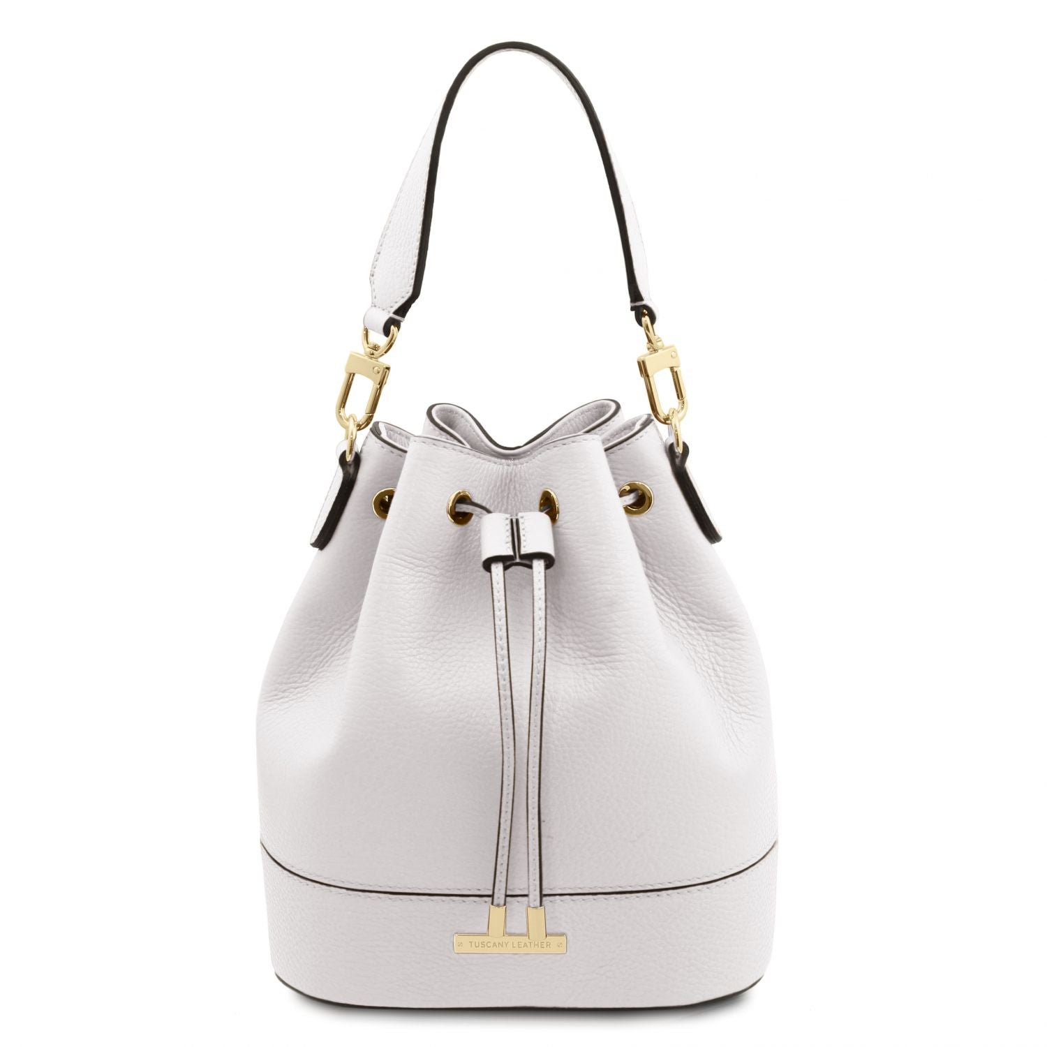TL Leather Bucket Bag in white by Montipi Australia, crafted from premium Italian pebbled leather with a structured silhouette, romantic drawstring closure, and gold-tone hardware. A chic and versatile handbag with a detachable top handle and adjustable shoulder strap, perfect for everyday wear, seaside escapes, and evening elegance.