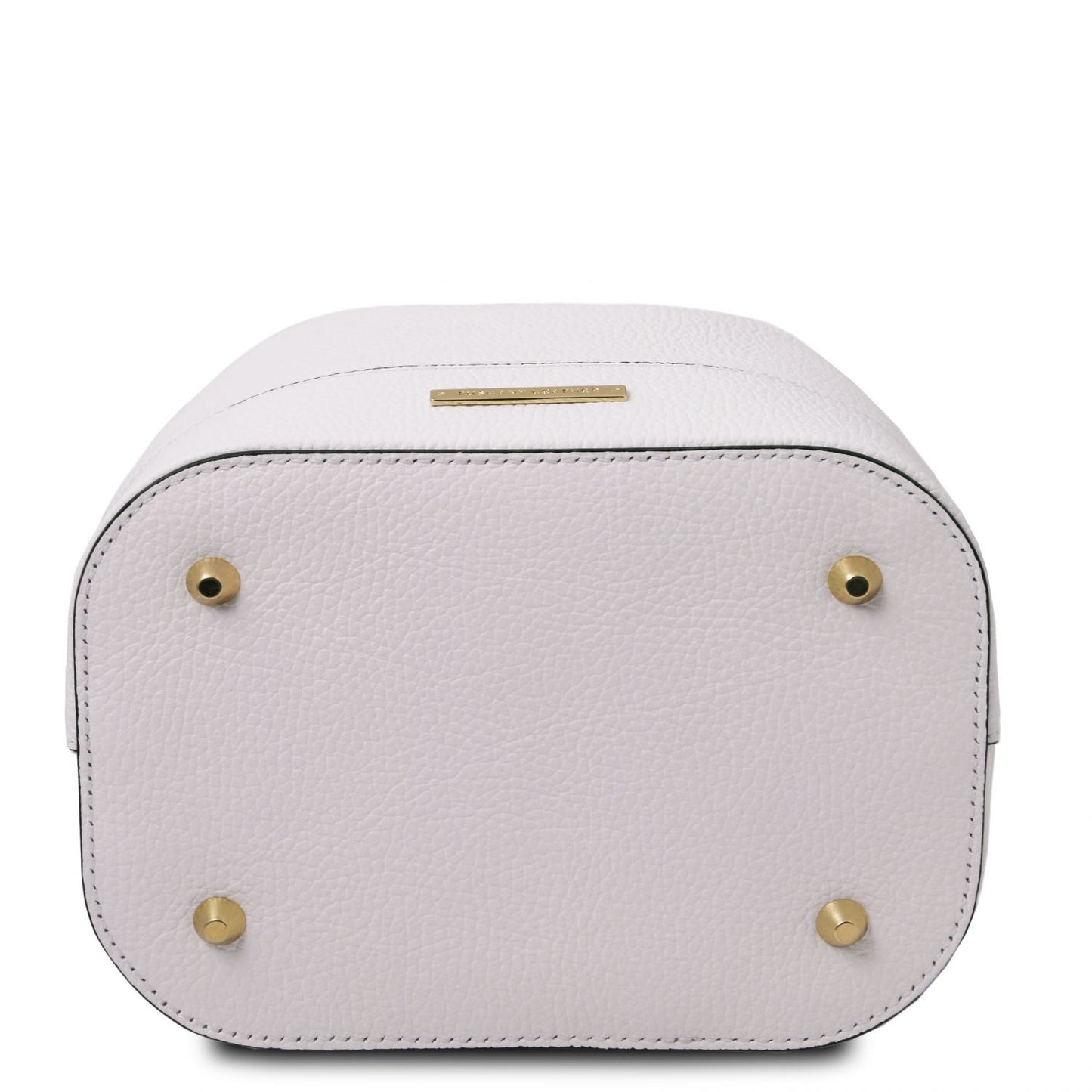 Bottom view of the TL Leather Bucket Bag in white by Montipi Australia, highlighting the premium Italian pebbled leather, protective metal feet, and structured silhouette. Designed for durability and elegance, this chic bucket bag offers both style and functionality for everyday sophistication
