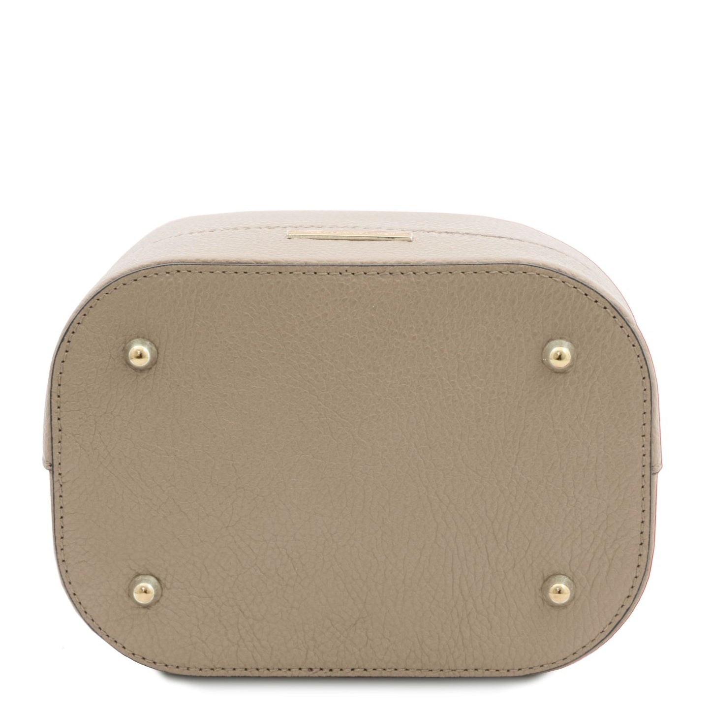 Bottom view of the TL Leather Bucket Bag in beige light taupe by Montipi Australia, highlighting the premium Italian pebbled leather, protective metal feet, and structured silhouette. Designed for durability and elegance, this chic bucket bag offers both style and functionality for everyday sophistication