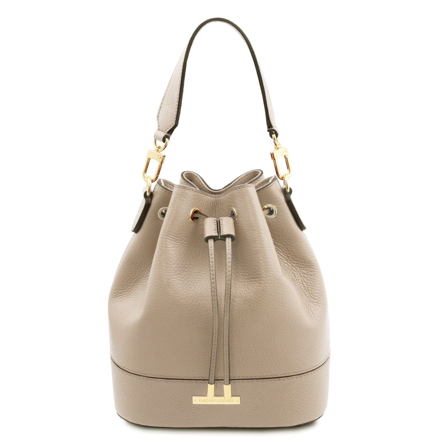 TL Leather Bucket Bag in beige light taupe by Montipi Australia, crafted from premium Italian pebbled leather with a structured silhouette, romantic drawstring closure, and gold-tone hardware. A chic and versatile handbag with a detachable top handle and adjustable shoulder strap, perfect for everyday wear, seaside escapes, and evening elegance.