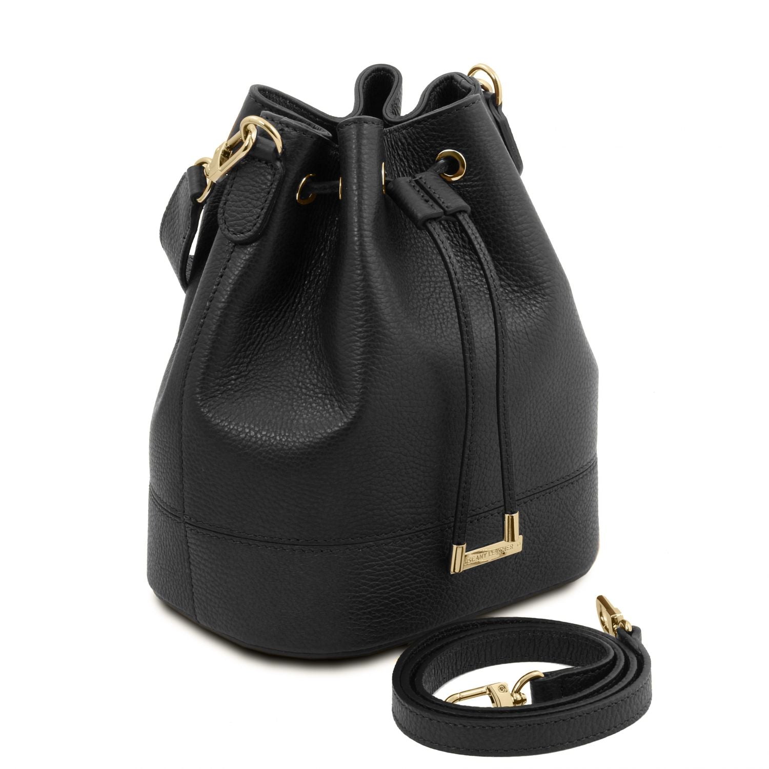 Angled view of the TL Leather Bucket Bag in black by Montipi Australia, showcasing its premium Italian pebbled leather, structured silhouette, and elegant drawstring closure with gold-tone hardware. A versatile handbag with a detachable top handle and adjustable shoulder strap, designed for everyday sophistication and effortless style.