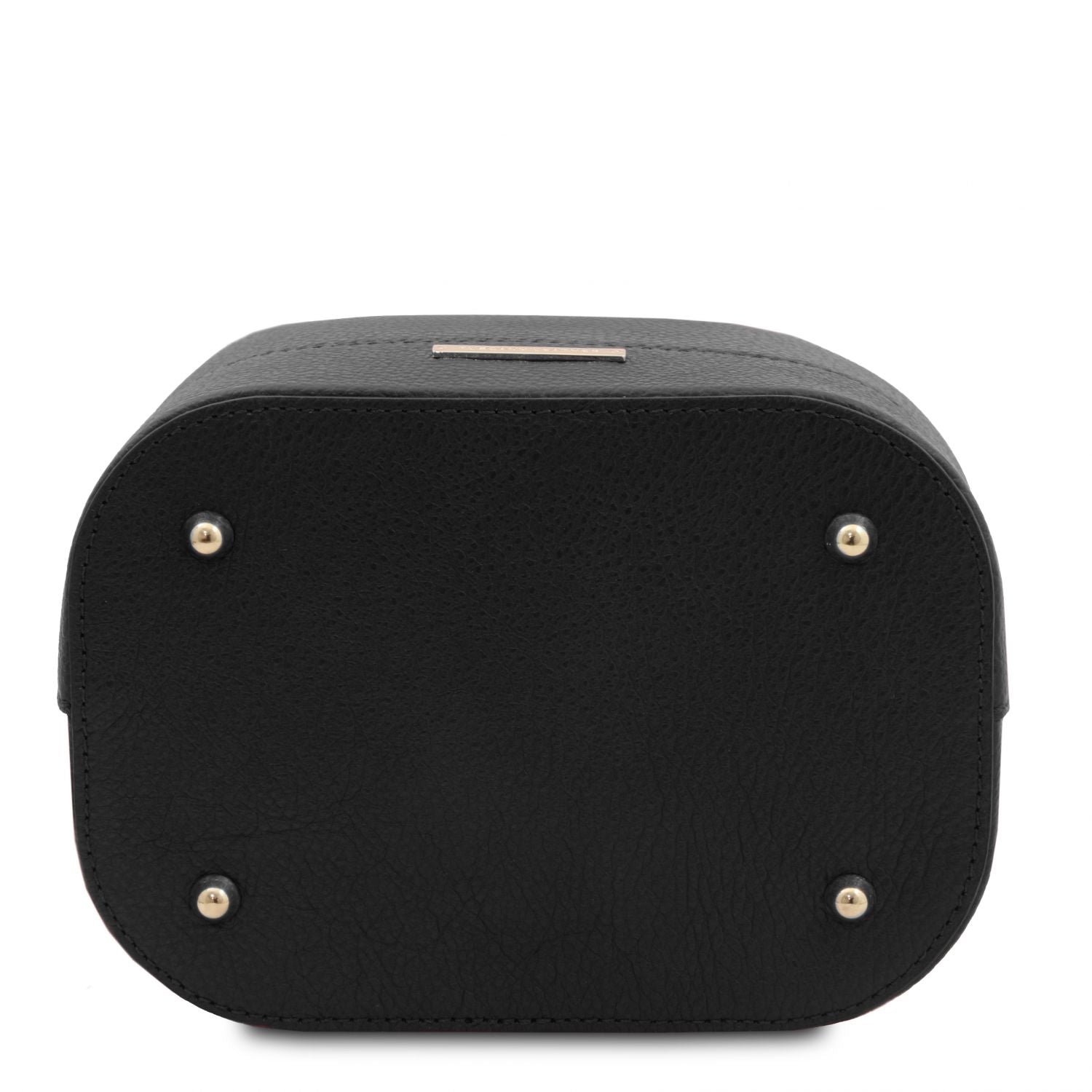 Bottom view of the TL Leather Bucket Bag in black by Montipi Australia, highlighting the premium Italian pebbled leather, protective metal feet, and structured silhouette. Designed for durability and elegance, this chic bucket bag offers both style and functionality for everyday sophistication