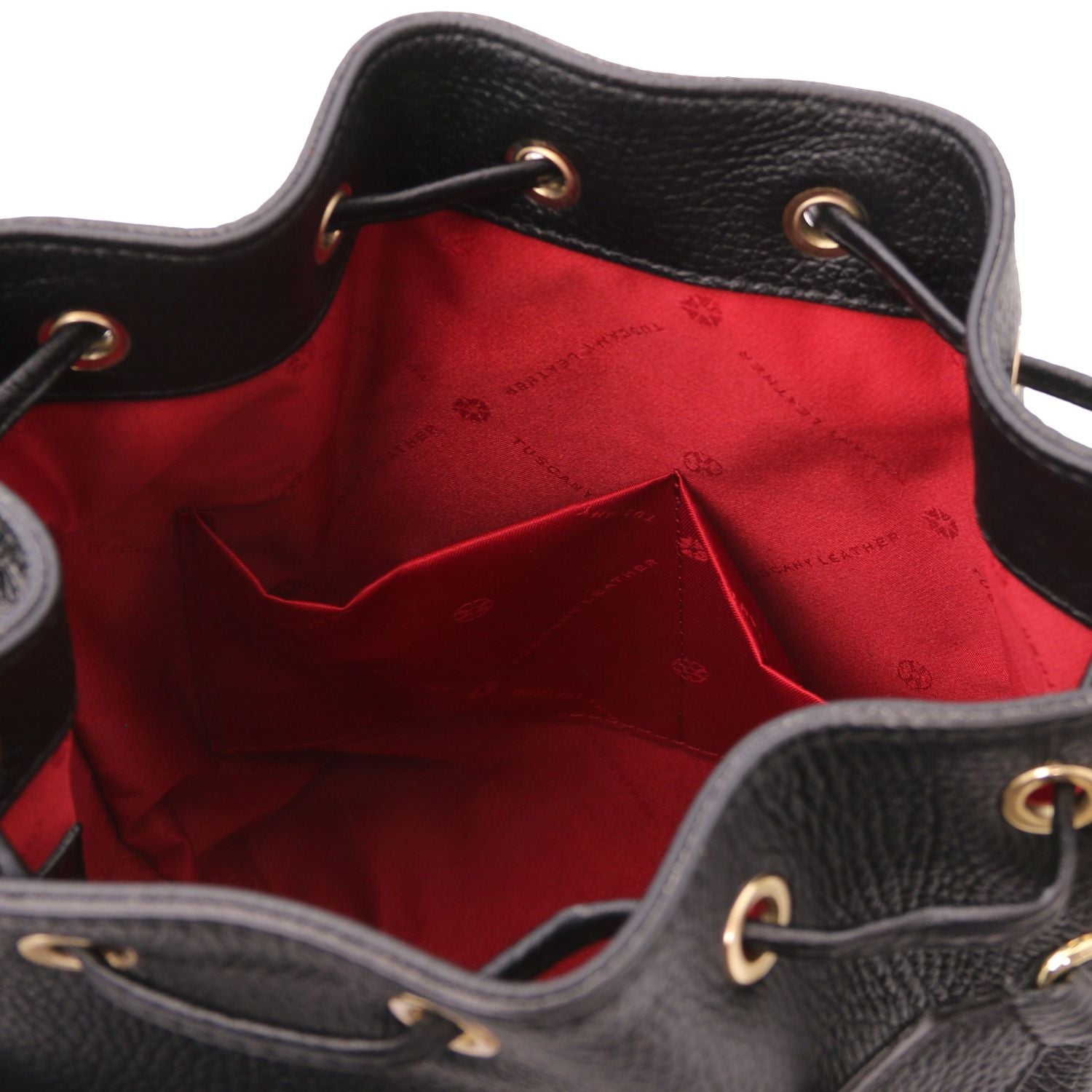 Interior view of the TL Leather Bucket Bag in black by Montipi Australia, showcasing the bold red lining, dual slide pockets, and spacious compartment for effortless organization. Crafted from premium Italian pebbled leather with gold-tone hardware, this elegant bucket bag combines sophistication with practicality