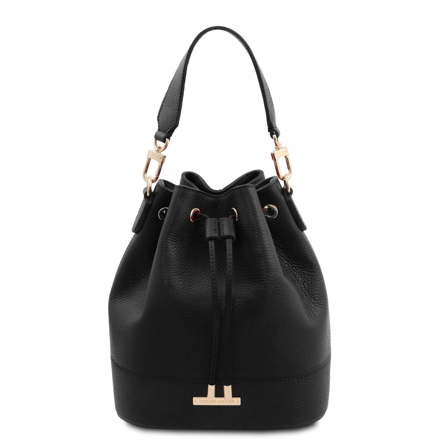 TL Leather Bucket Bag in black by Montipi Australia, crafted from premium Italian pebbled leather with a structured silhouette, romantic drawstring closure, and gold-tone hardware. A chic and versatile handbag with a detachable top handle and adjustable shoulder strap, perfect for everyday wear, seaside escapes, and evening elegance.