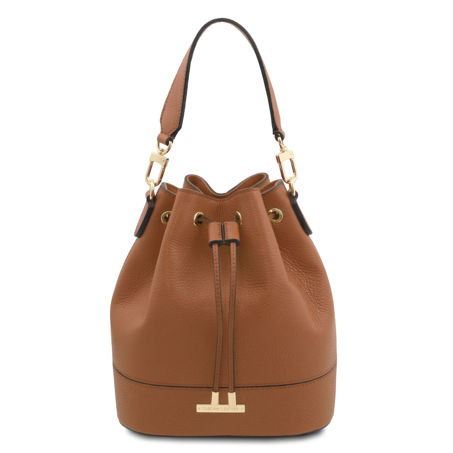 TL Leather Bucket Bag in cognac brown by Montipi Australia, crafted from premium Italian pebbled leather with a structured silhouette, romantic drawstring closure, and gold-tone hardware. A chic and versatile handbag with a detachable top handle and adjustable shoulder strap, perfect for everyday wear, seaside escapes, and evening elegance.