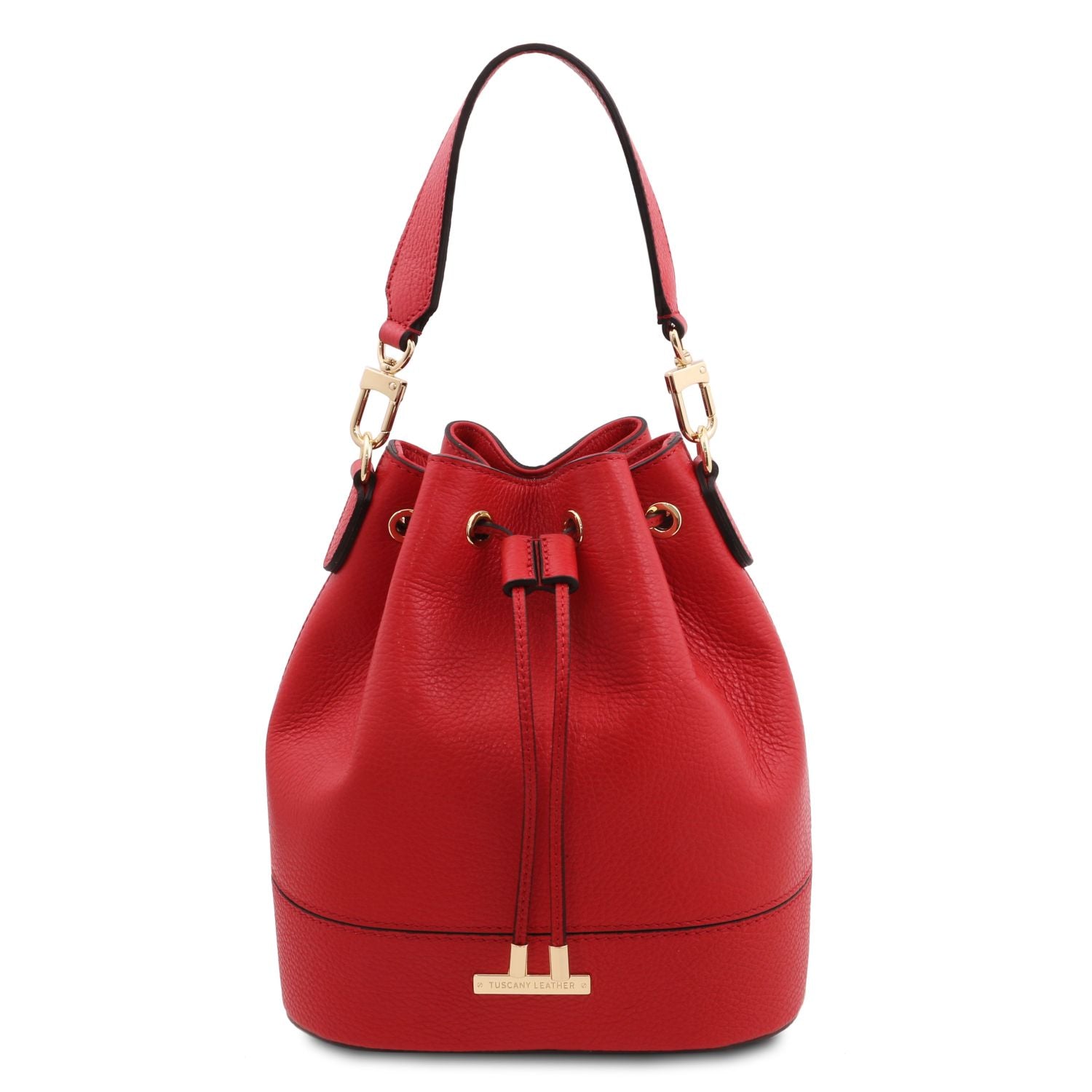 TL Leather Bucket Bag in red by Montipi Australia, crafted from premium Italian pebbled leather with a structured silhouette, romantic drawstring closure, and gold-tone hardware. A chic and versatile handbag with a detachable top handle and adjustable shoulder strap, perfect for everyday wear, seaside escapes, and evening elegance.