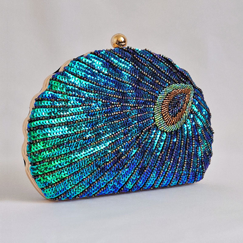Teal Sequin Peacock Clutch with detailed beadwork design in feather shape, unique statement clutch bag elegant whimsical eclectic chic style by Montipi Australia