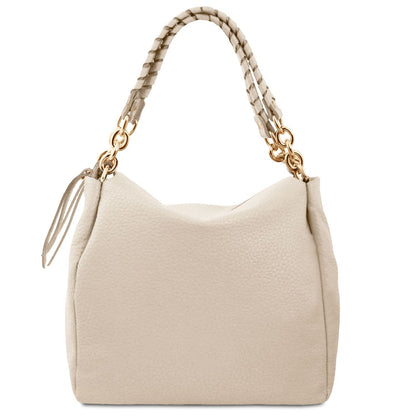 Amy Soft Leather Tote Bag Beige Pebbled Leather Handles gold tone chain hardware by Montipi Australia