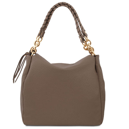 Amy Soft Leather Tote Bag Dark Taupe Pebbled Leather Handles gold tone chain hardware by Montipi Australia