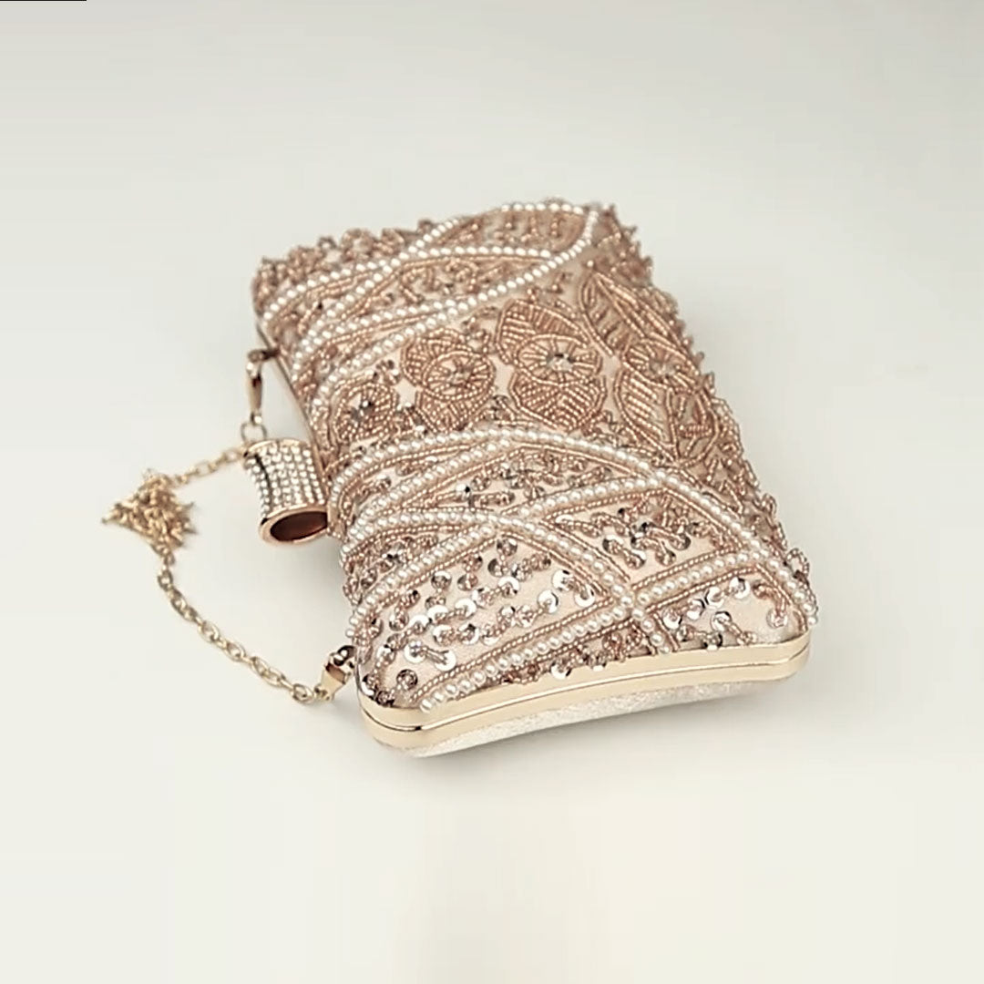 Beaded Pearl Details Apricot Clutch Bag Montipi