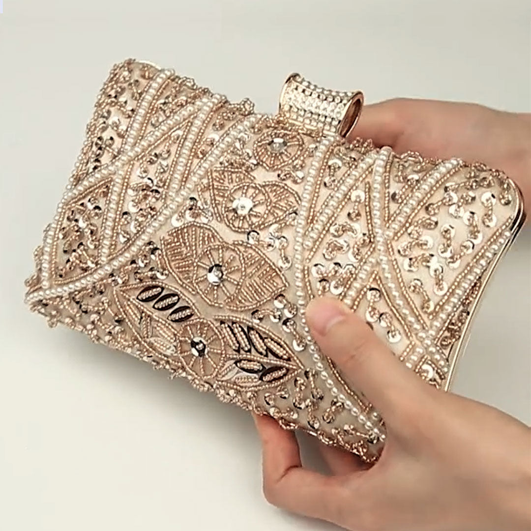 Beaded Pearl Details Apricot Clutch Bag Montipi