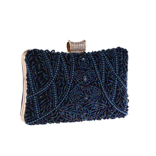 Beaded Pearl Details London Blue Clutch Bag Montipi