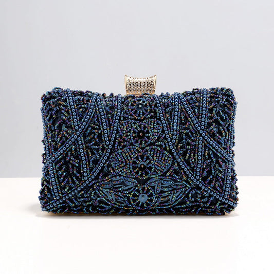 Beaded Pearl Details London Blue Clutch Bag Montipi