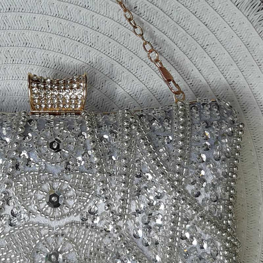 Beaded Pearl Silver Clutch Bag Montipi