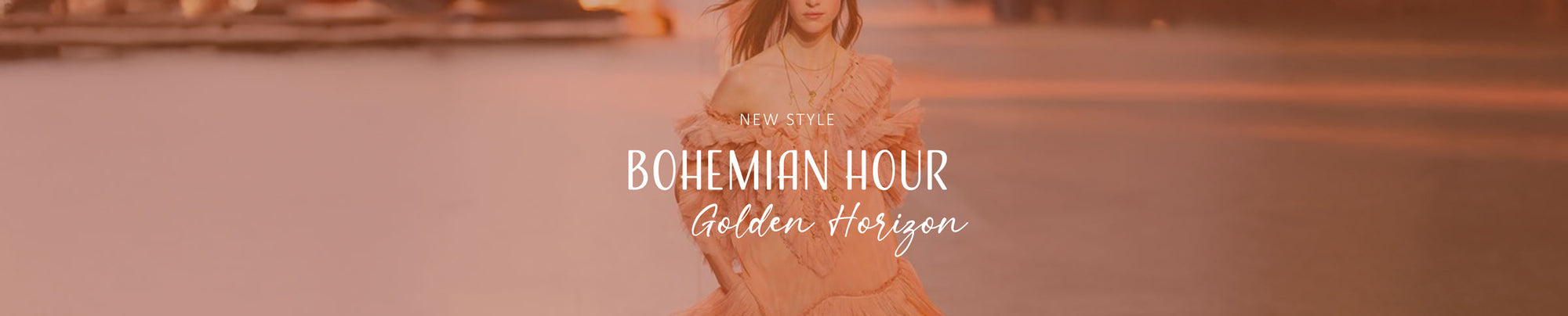 Woman in a frill boho dress in blush tones standing on a beach with 'Bohemian Hour Golden Horizon' text overlay by Montipi