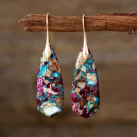 elegant mosaic gemstone earrings in burgundy, blues and gold tones with elegant gold hooks by Montipi