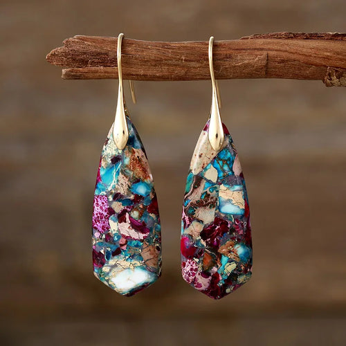 elegant mosaic gemstone earrings in burgundy, blues and gold tones with elegant gold hooks by Montipi