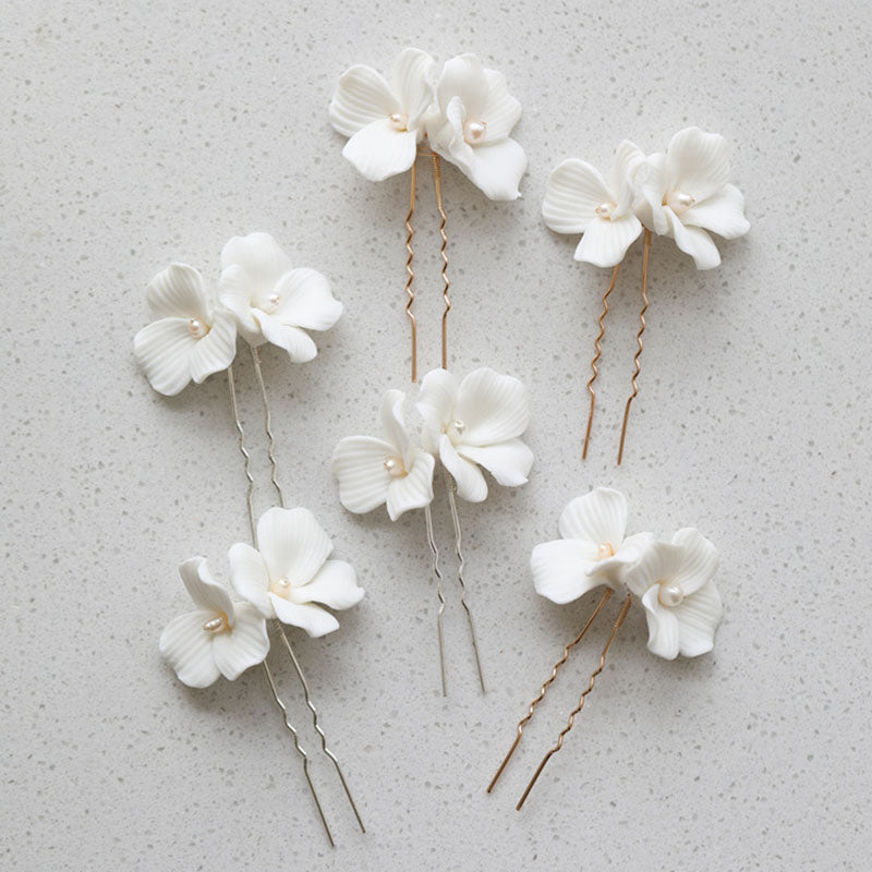 Bridal White Floral Ceramic Hair Pins Montipi