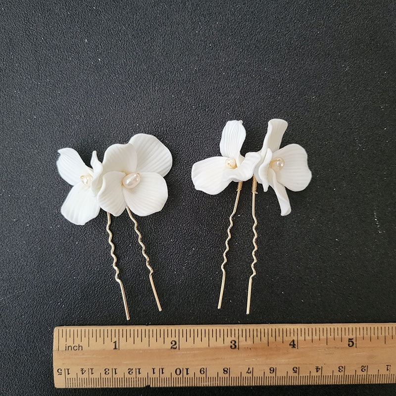 Bridal White Floral Ceramic Hair Pins Montipi