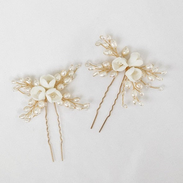 Bridal White Floral Ceramic Hair Pins Montipi