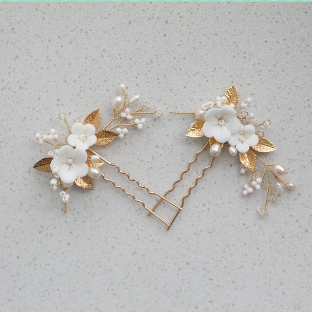 Bridal White Floral Ceramic Hair Pins Montipi