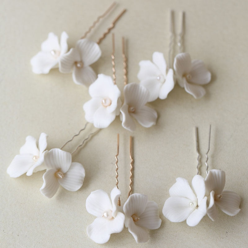 Bridal White Floral Ceramic Hair Pins Montipi