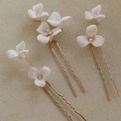Bridal White Floral Ceramic Hair Pins Montipi
