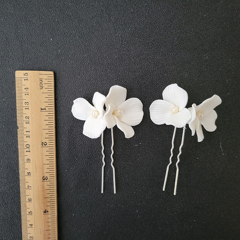 Bridal White Floral Ceramic Hair Pins Montipi