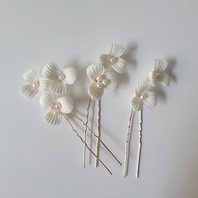 Bridal White Floral Ceramic Hair Pins Montipi