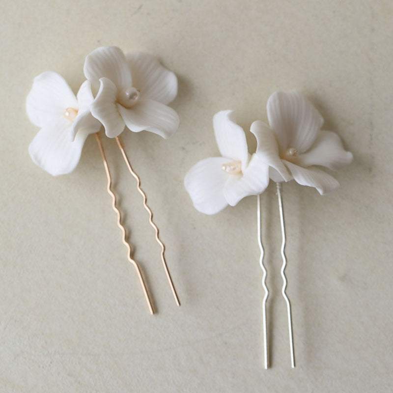 Bridal White Floral Ceramic Hair Pins Montipi