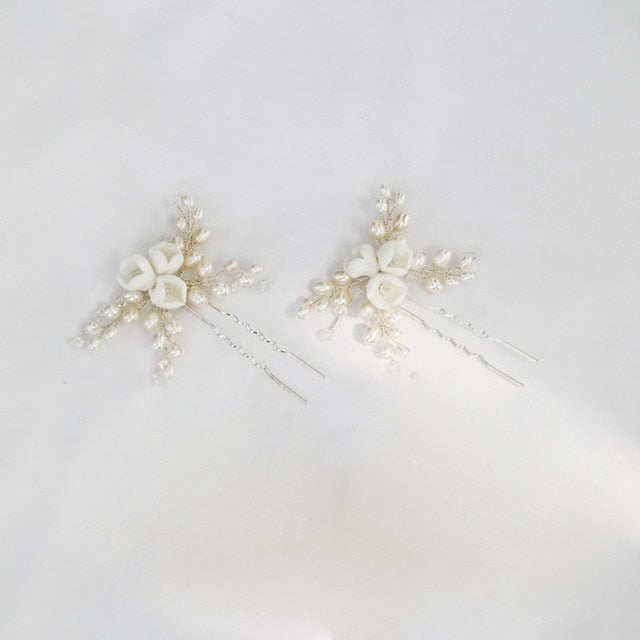 Bridal White Floral Ceramic Hair Pins Montipi