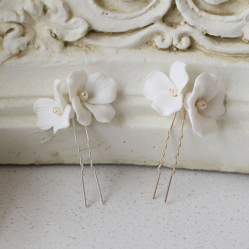 Bridal White Floral Ceramic Hair Pins Montipi