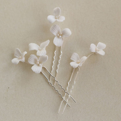 Bridal White Floral Ceramic Hair Pins Montipi