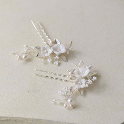 Bridal White Floral Ceramic Hair Pins Montipi