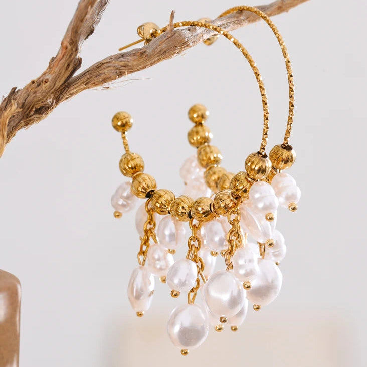 elegant boho chic inspired Pearl Hoop Earrings with pearl tassels gold pendants and hoops by Montipi 