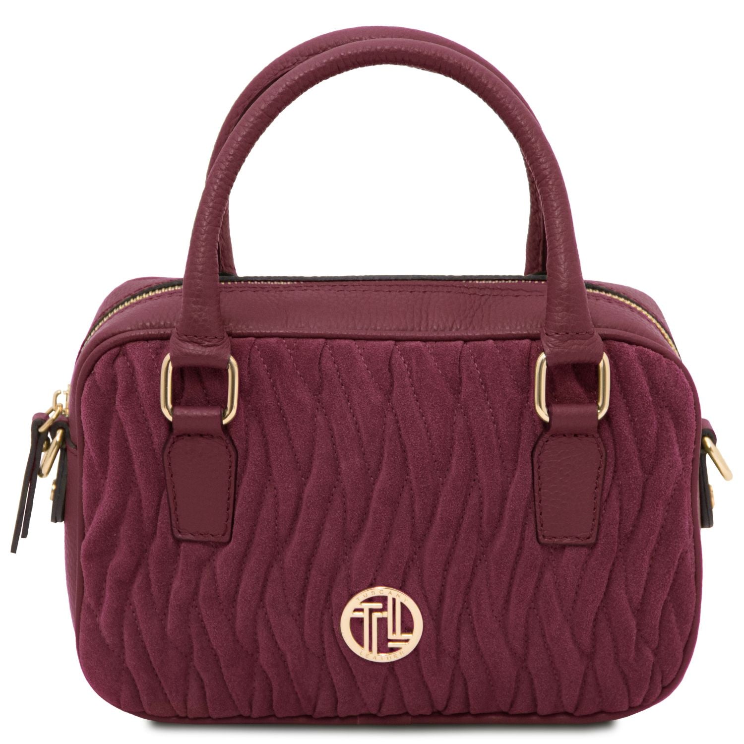 Front view of the Chantilly Suede Handbag in burgundy – a quilted suede Italian leather bag with gold-tone hardware, top handles, and a modern structured silhouette.