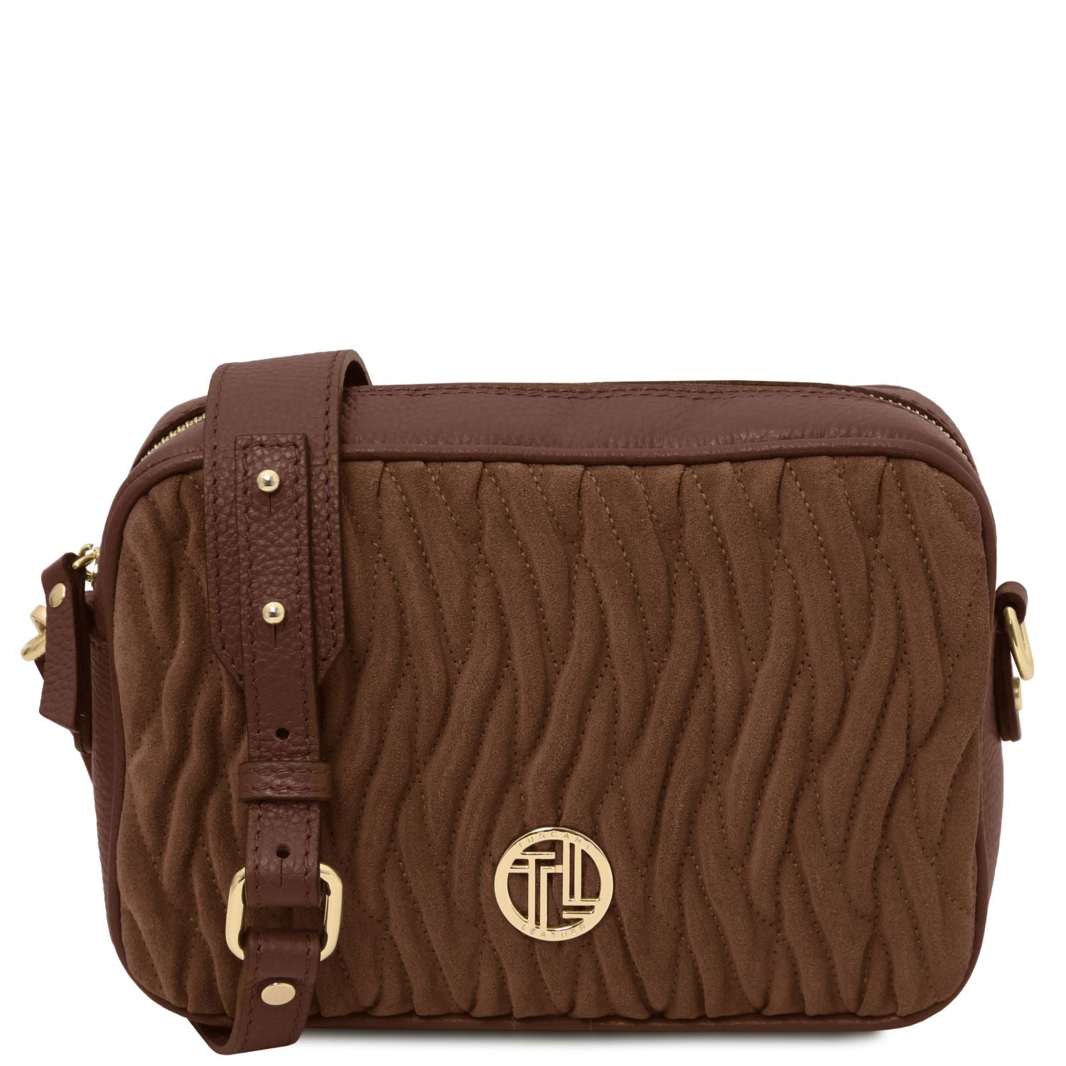 Chocolate brown suede crossbody bag with quilted texture and pebbled leather trim, featuring gold-tone logo and adjustable leather strap.
