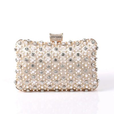 Charlene Boheme Beaded Clutch in champagne cream with pearls and crystals – elegant boho clutch bag by Montipi