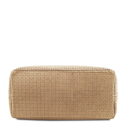 Close up of the Elegant and luxurious woven leather at the bottom of the TL Keyluck Tote Bag in beige leather by Montipi Australia signature of a  premium designer bag