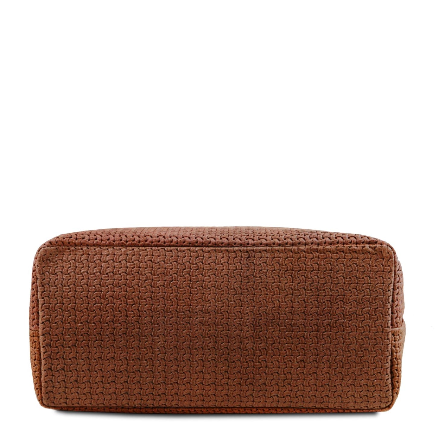 Close up of the Elegant and luxurious woven leather at the bottom of the TL Keyluck Tote Bag in cognac leather by Montipi Australia signature of a  premium designer bag