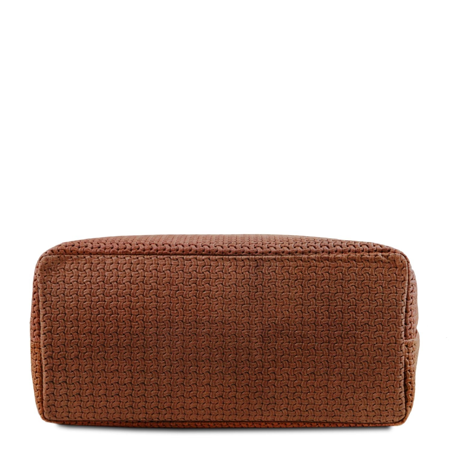 Close up of the Elegant and luxurious woven leather at the bottom of the TL Keyluck Tote Bag in cognac leather by Montipi Australia signature of a  premium designer bag