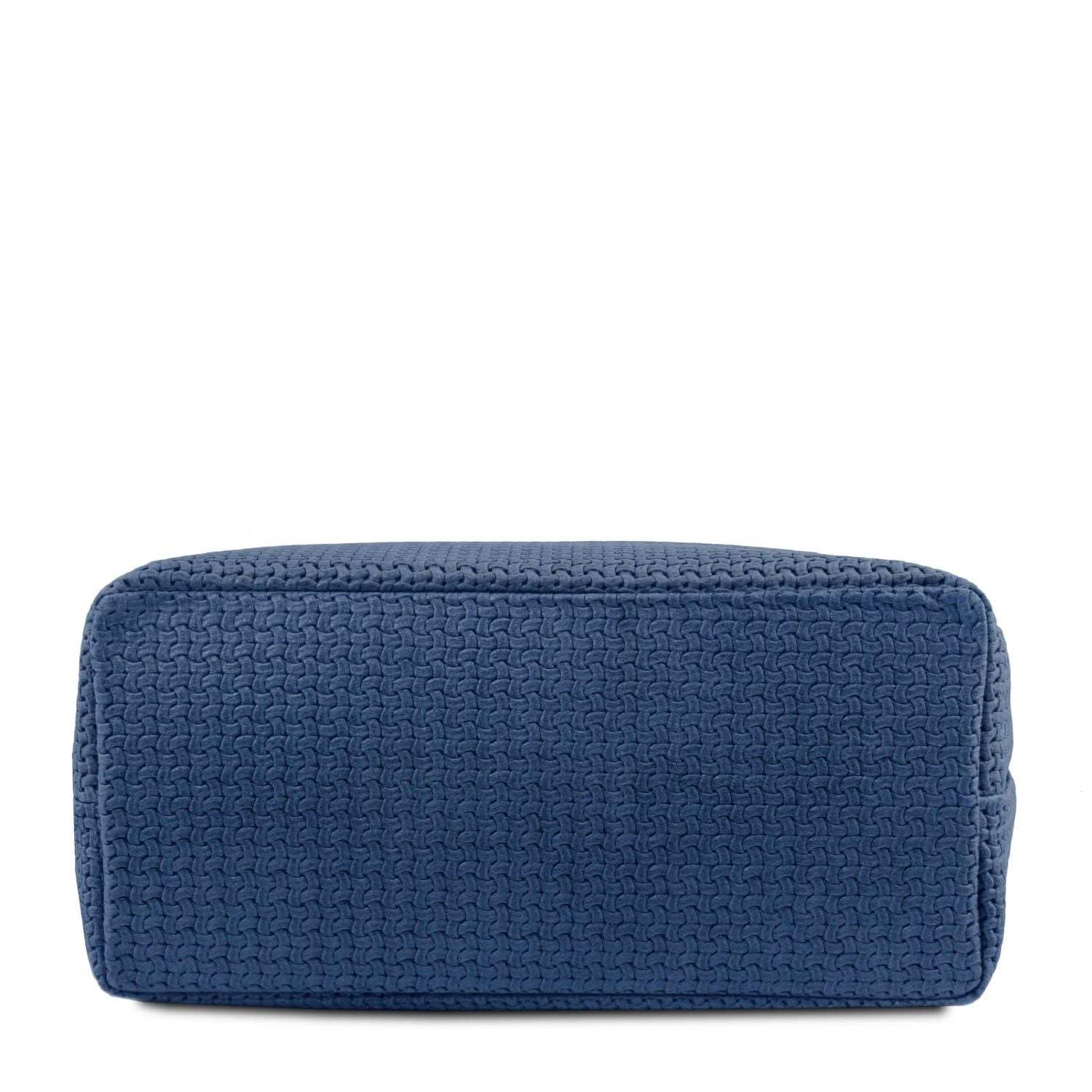 Close up of the Elegant and luxurious woven leather at the bottom of the TL Keyluck Tote Bag in dark blue leather by Montipi Australia signature of a  premium designer bag