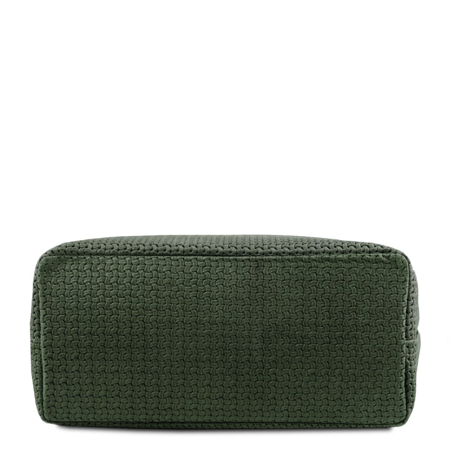 Close up of the Elegant and luxurious woven leather at the bottom of the TL Keyluck Tote Bag in forest green leather by Montipi Australia signature of a  premium designer bag
