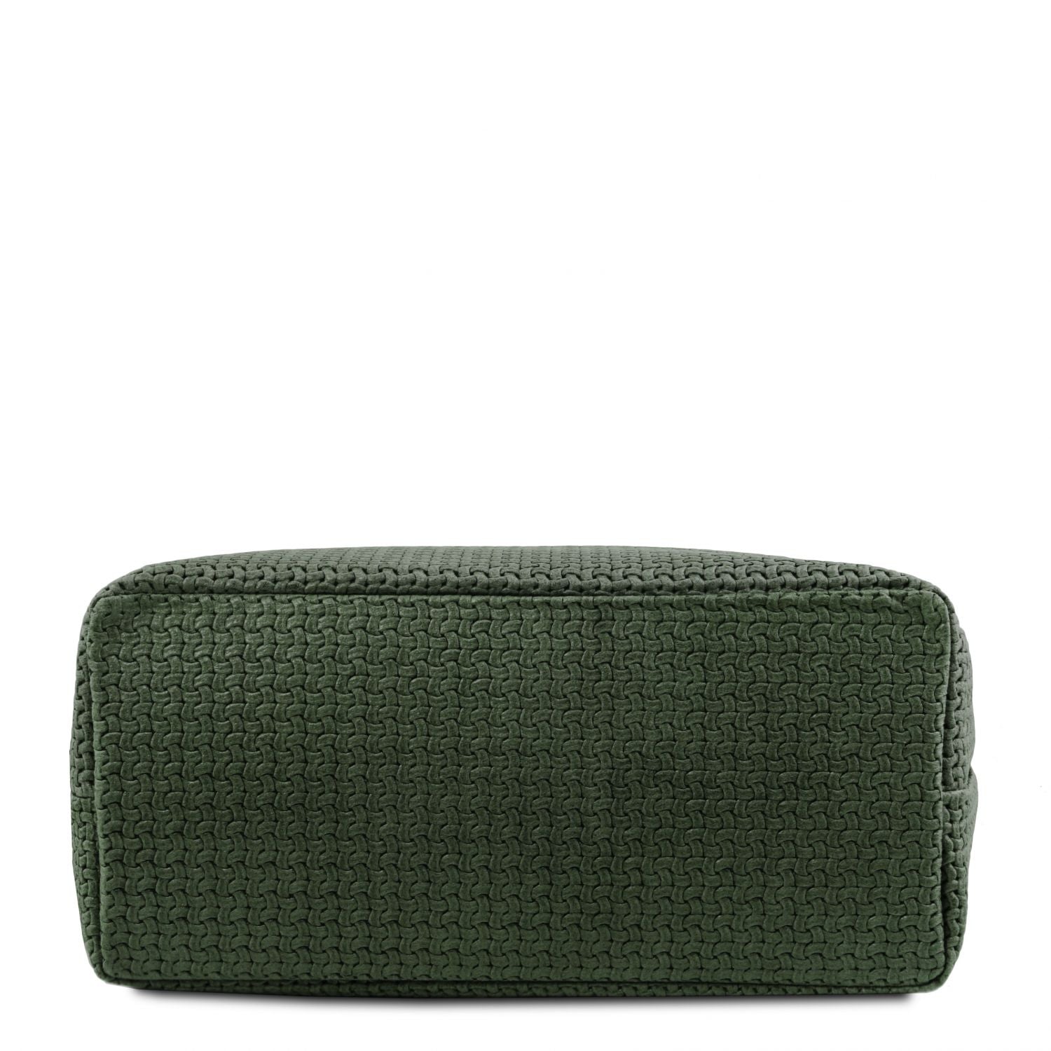 Close up of the Elegant and luxurious woven leather at the bottom of the TL Keyluck Tote Bag in forest green leather by Montipi Australia signature of a  premium designer bag