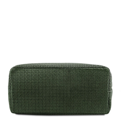 Close up of the Elegant and luxurious woven leather at the bottom of the TL Keyluck Tote Bag in forest green leather by Montipi Australia signature of a  premium designer bag