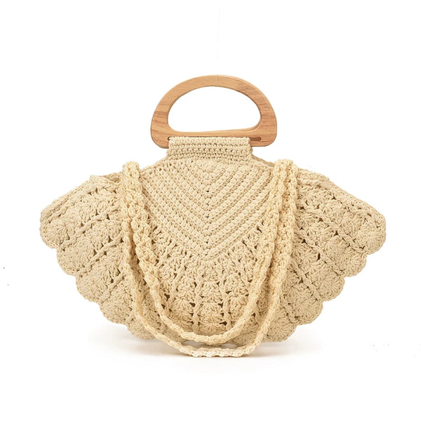 front view of Crochet Shell Boho Bag  with textured woven details and wooden handles