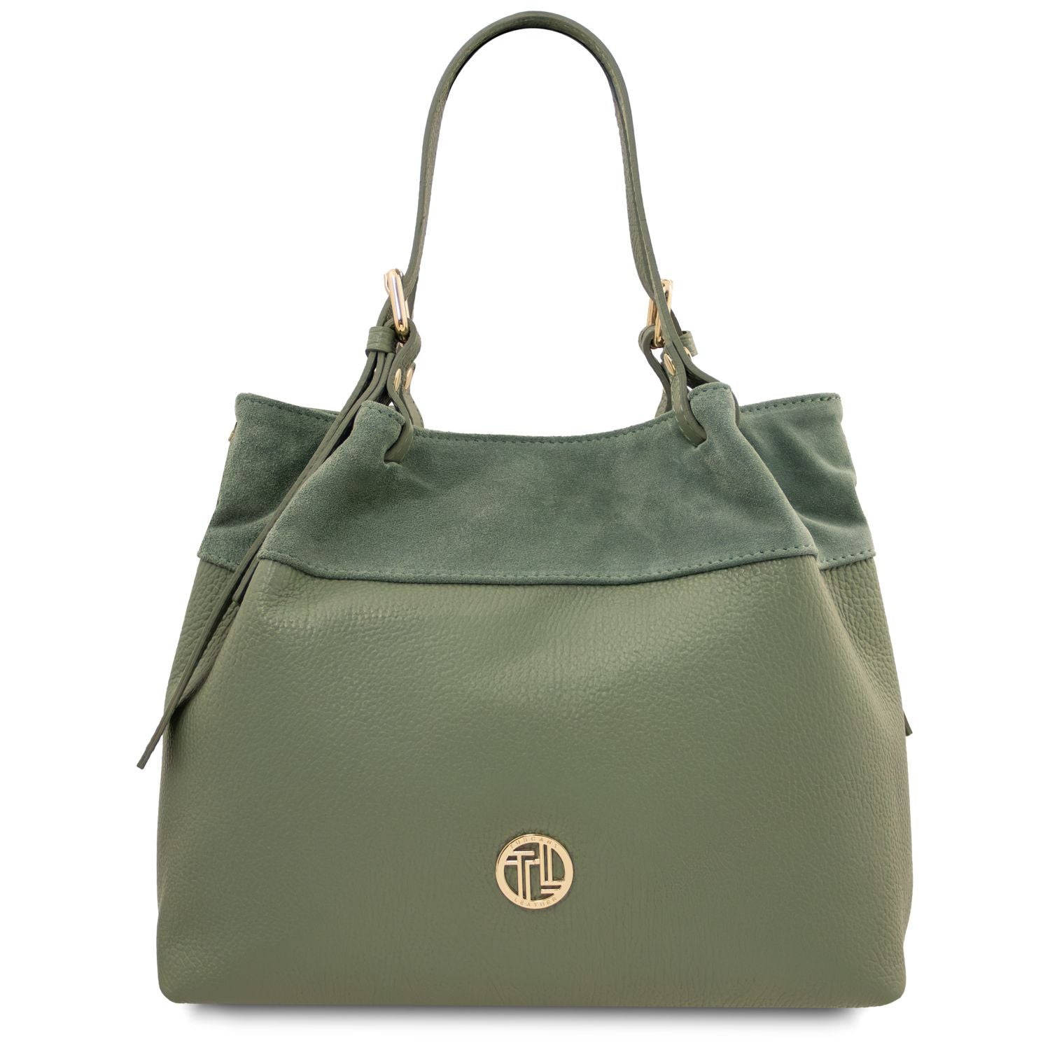 Diade suede leather shoulder bag in green with textured pebbled leather