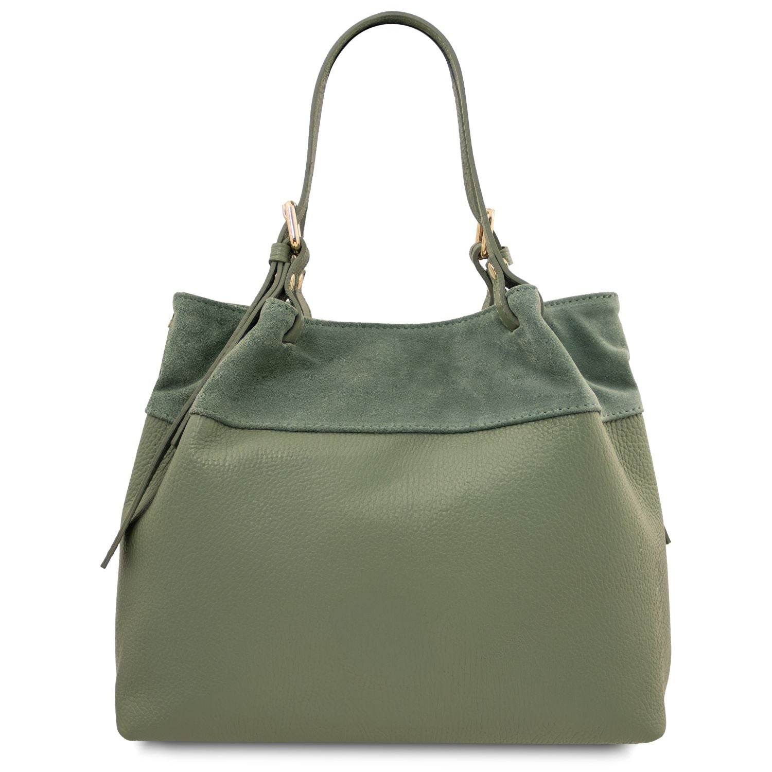 Back view of Diade suede leather shoulder bag in soft earthy green