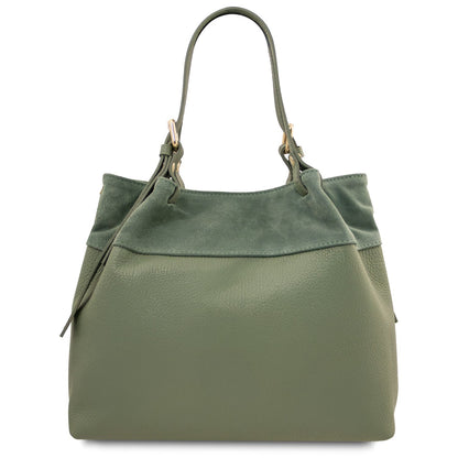 Back view of Diade suede leather shoulder bag in soft earthy green